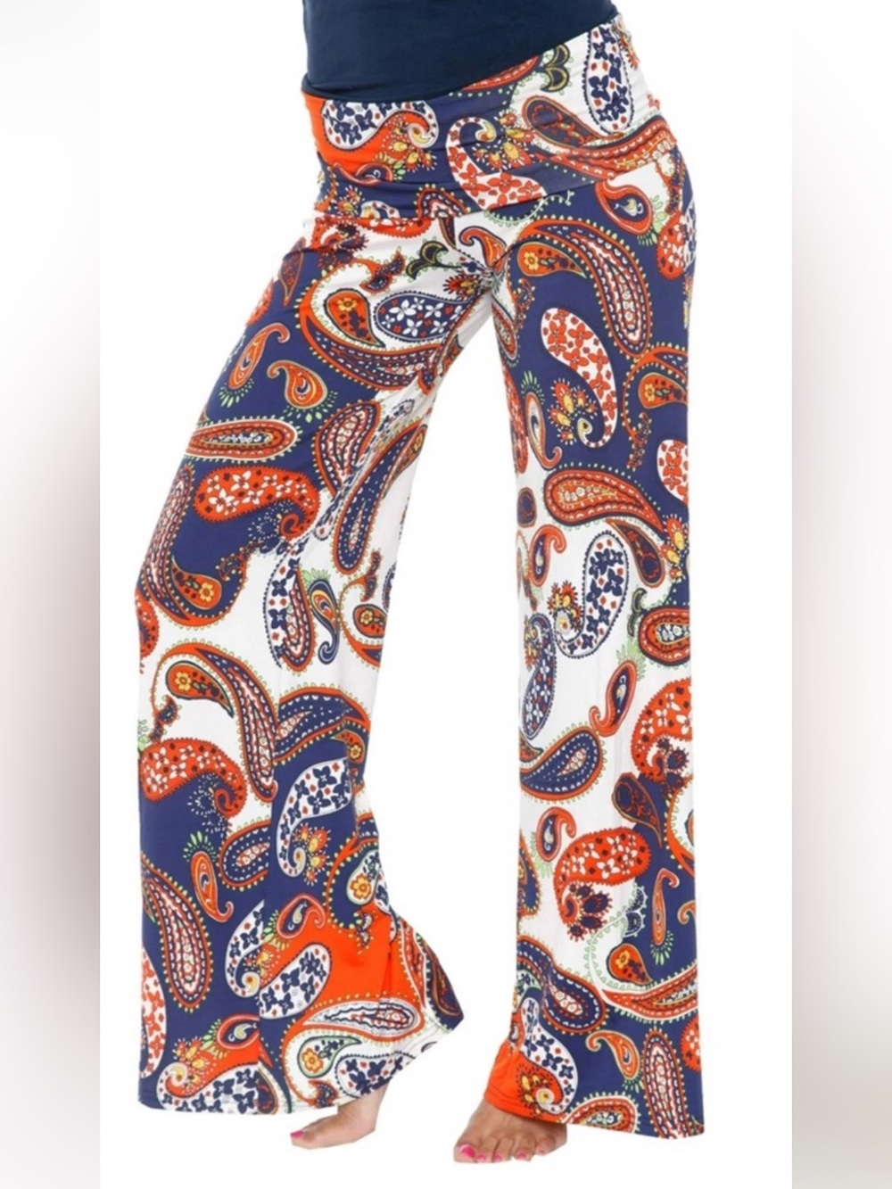 White Mark Navy, Orange & White Paisley Wide-Leg Palazzo Pants - Picture 2 of 7